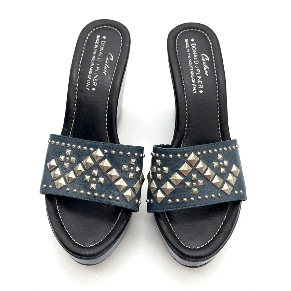 Vintage Donald J Pliner Studded Leather Wedge Sandals Italy 7M Y2K